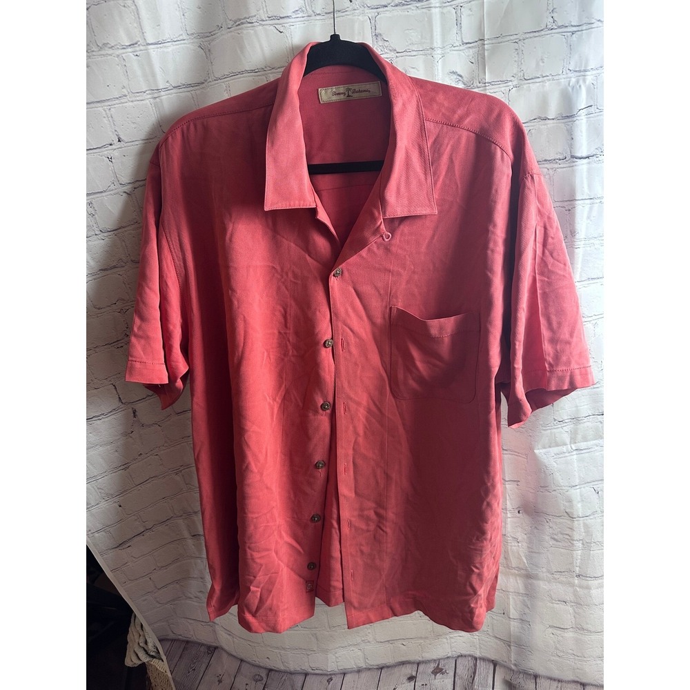 Tommy Bahama Silk Button Up Shirt Camp Collar Short Sleeve Red Large